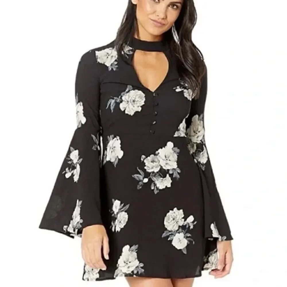 Socialite Black Floral Full Poet Sleeve Mini Dress NEW
